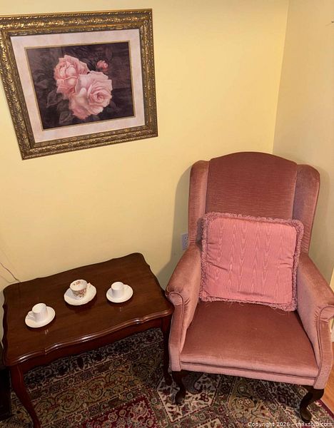 Dusty rose wingback chair, table, art, teacups | Maxsold