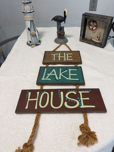 Nautical décor lot with Lake House sign, pelican, lighthouse and shadow ...